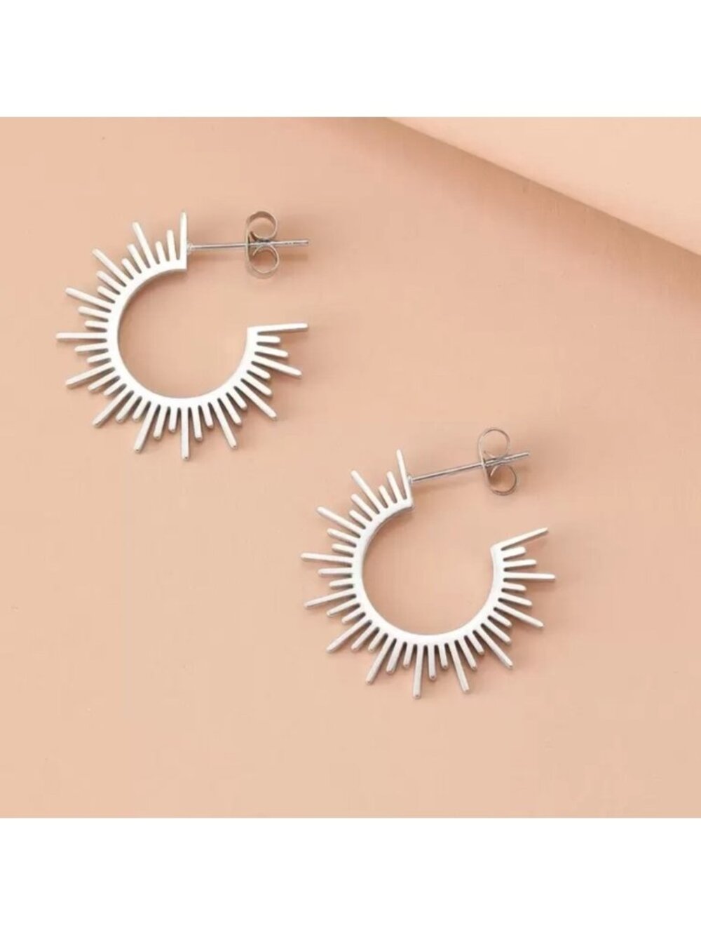 Silver Plated Stainless Steel Spiked Circle Hoop Earrings  Minimalist Jewelry